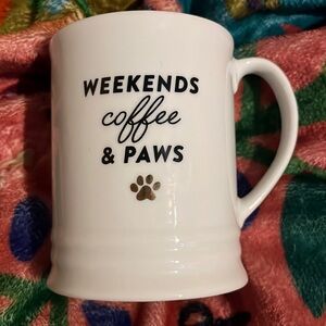 FRINGE “WEEKENDS coffee & PAWS” mug white with black letters & gold paw dog cat